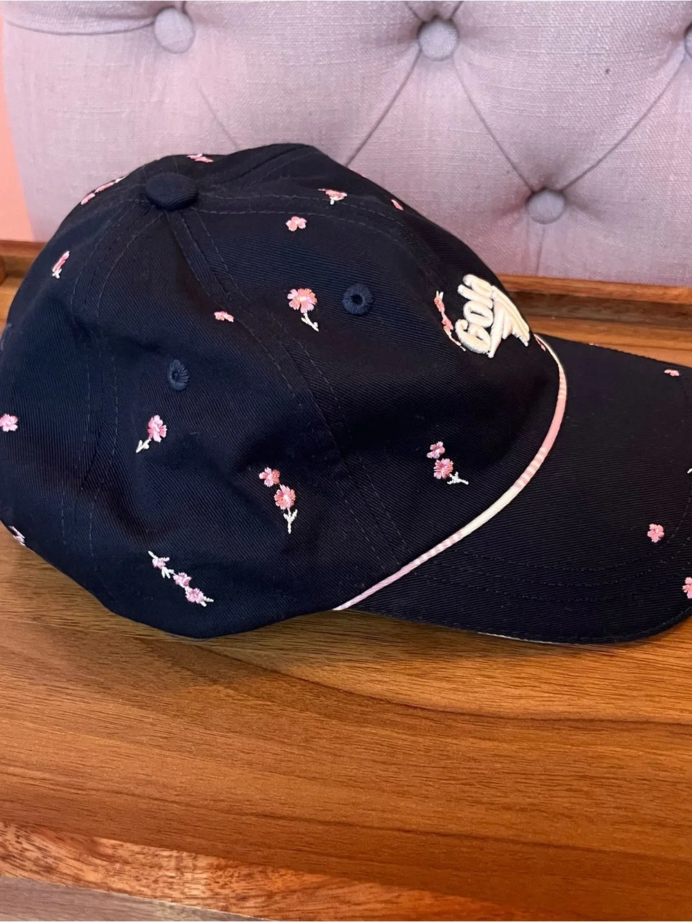 Gola x Anthropologie Black Baseball Cap with Pink Flowers Floral Embroidery